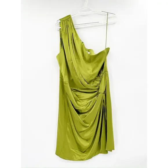 Sau Lee Heidy Green One Shoulder Satin Faux Wrap Mini Dress Size 14